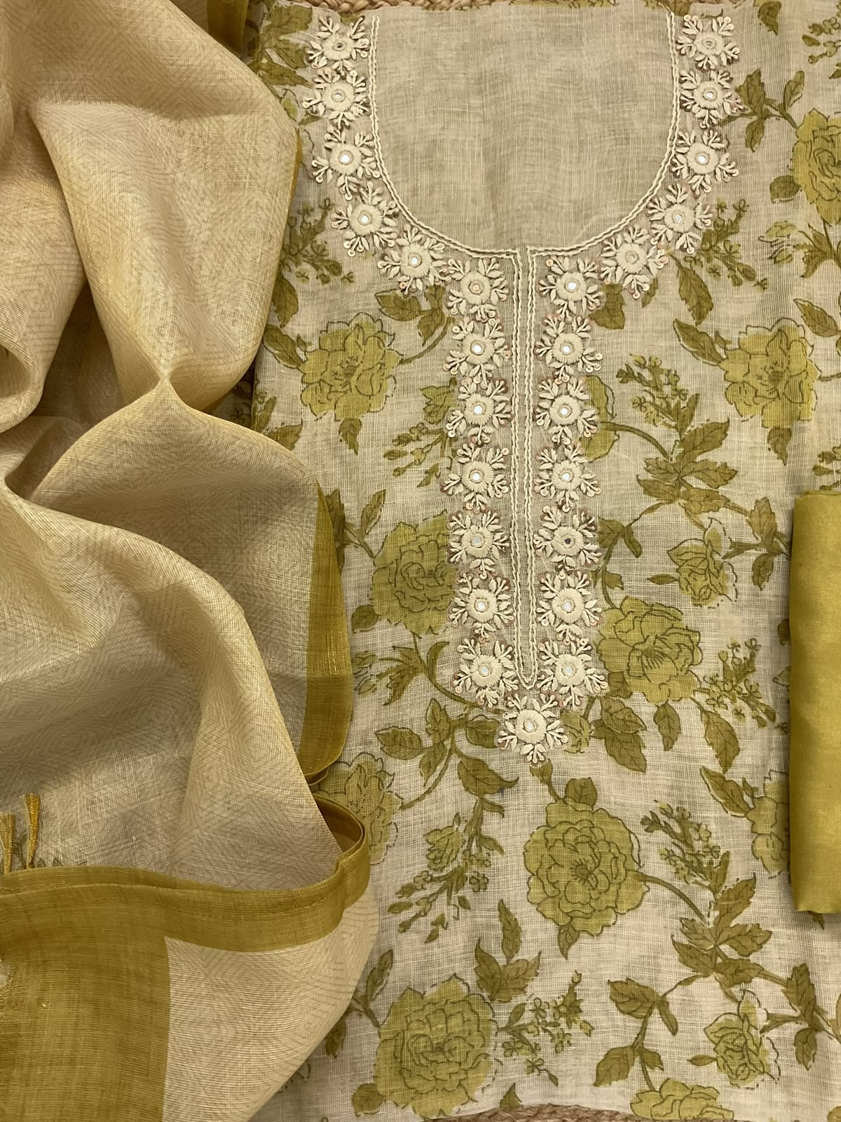 Soft Tissue Slub Cotton Printed Embroidered Suit - Beige