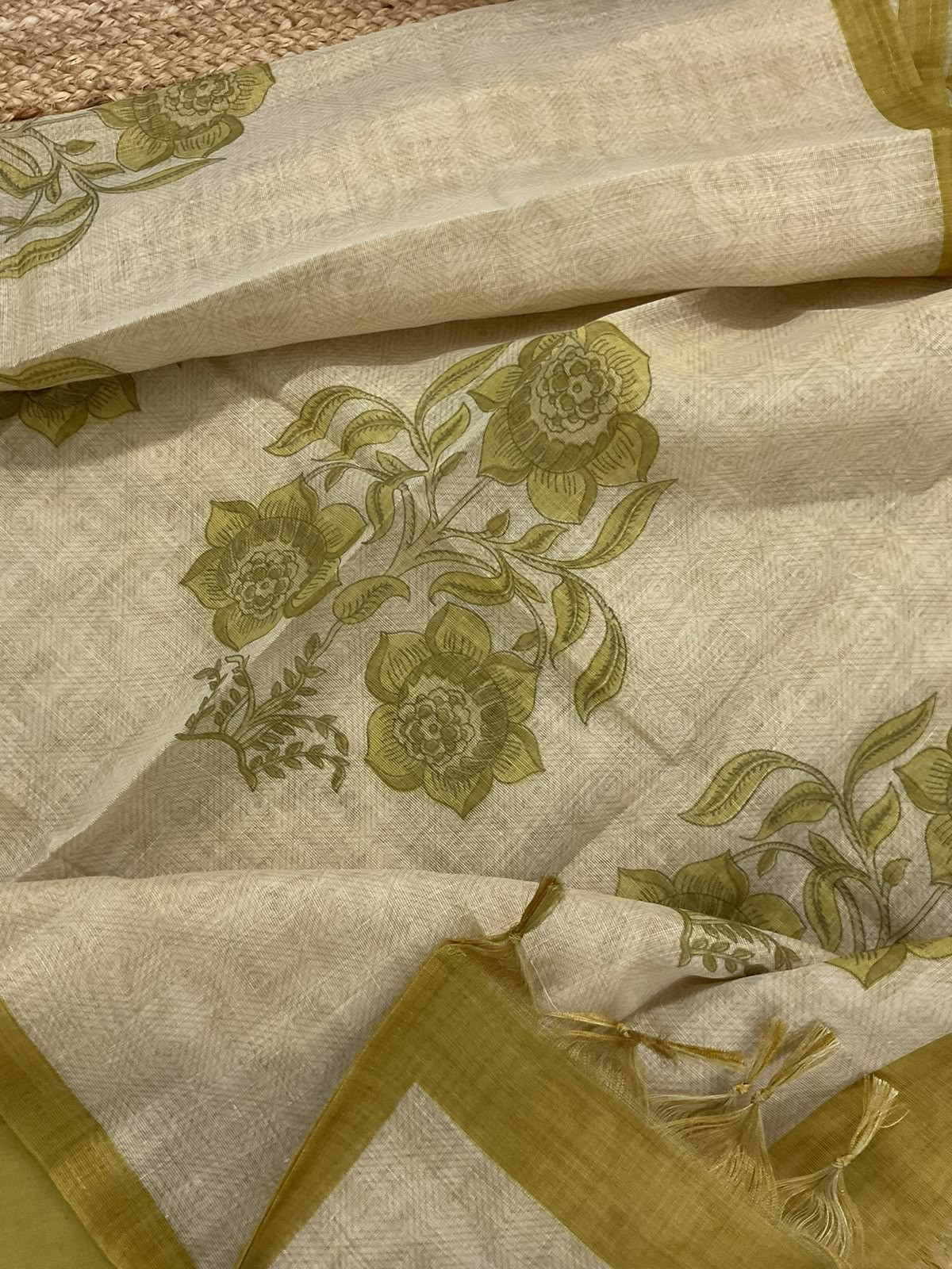 Soft Tissue Slub Cotton Printed Embroidered Suit - Beige
