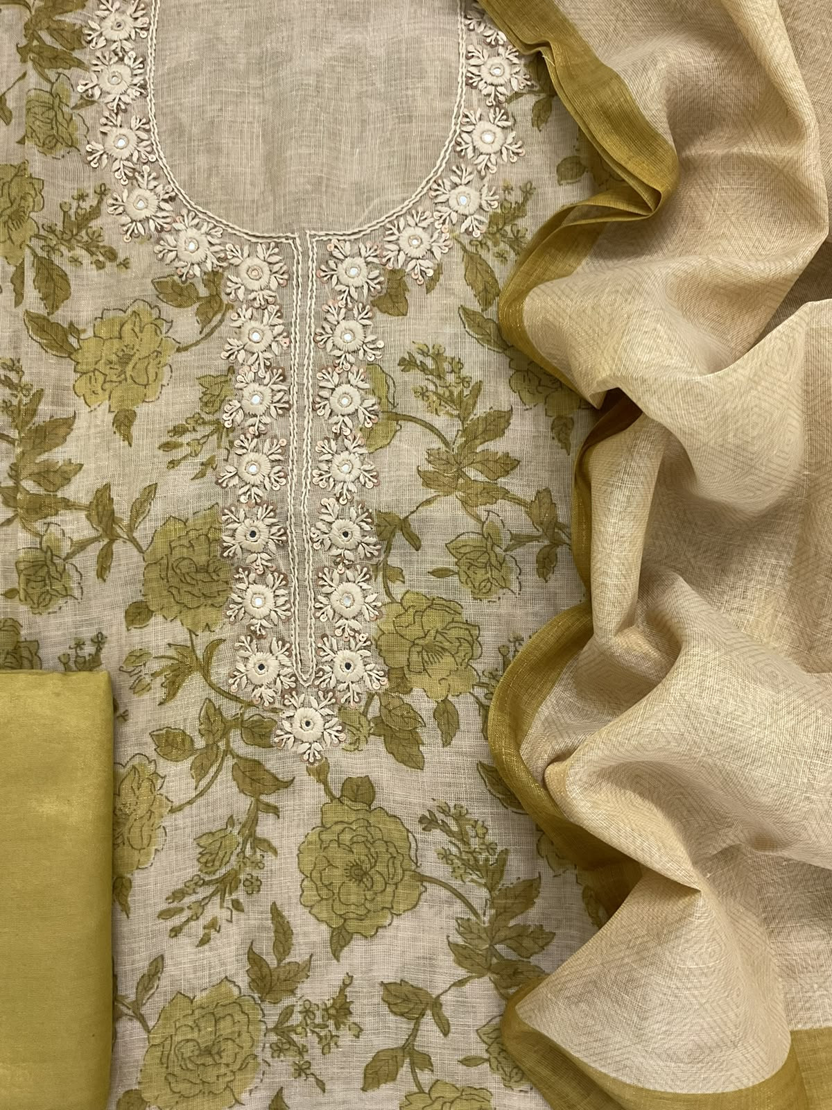 Soft Tissue Slub Cotton Printed Embroidered Suit - Beige