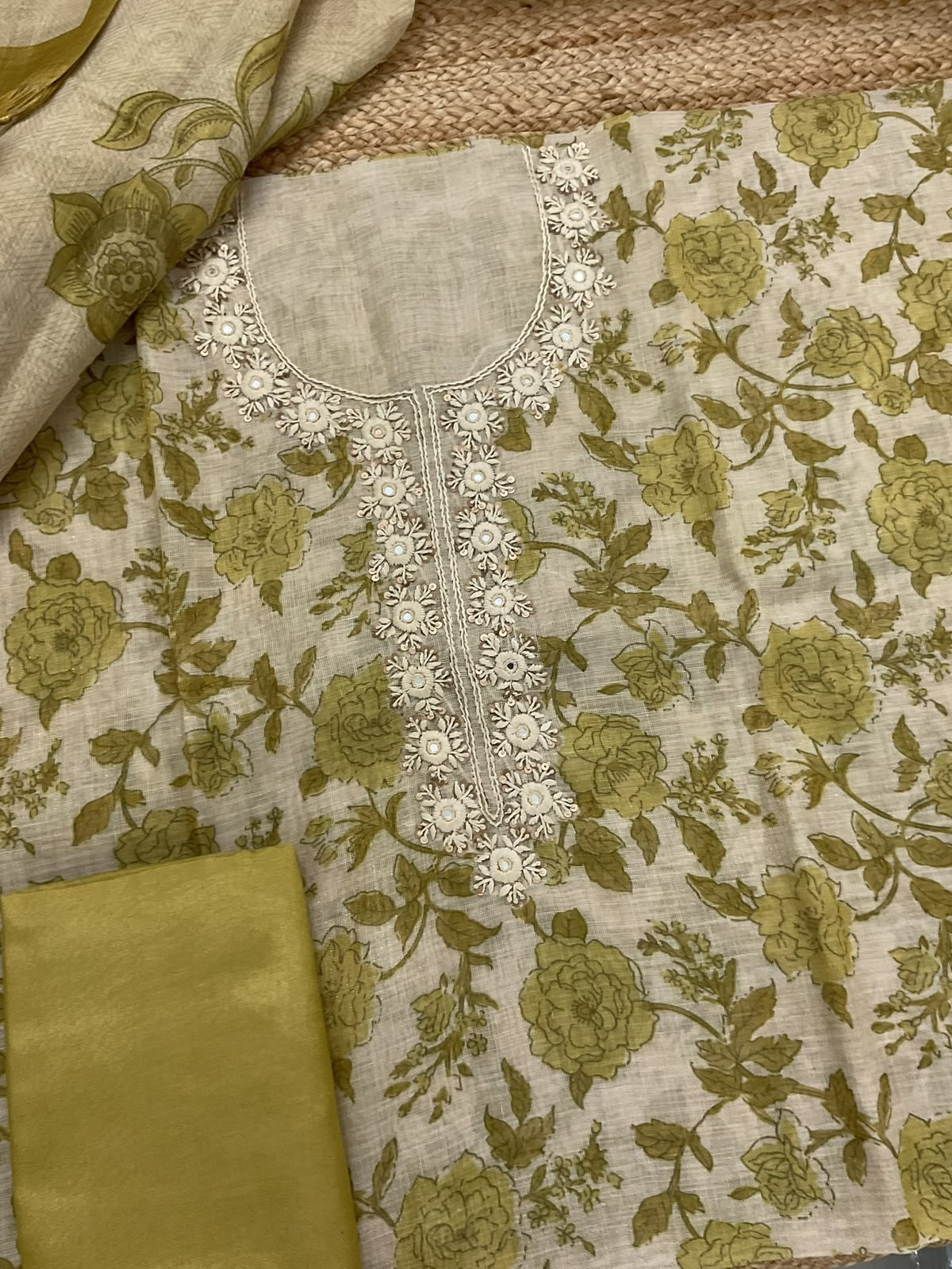 Soft Tissue Slub Cotton Printed Embroidered Suit - Beige