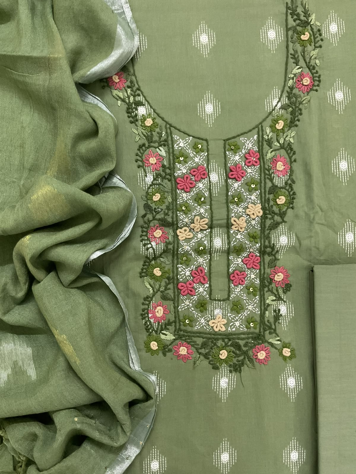 Pure Cotton Printed Embroidered Suit - Green