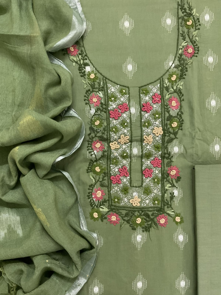 Image of Pure Cotton Printed Embroidered Suit - Green