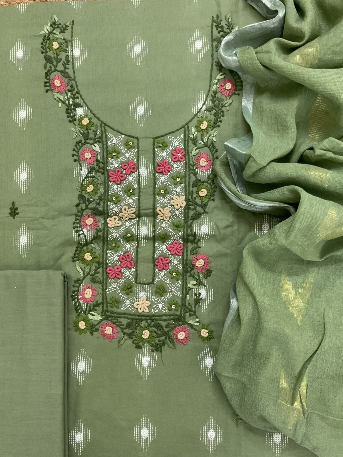 Pure Cotton Printed Embroidered Suit - Green