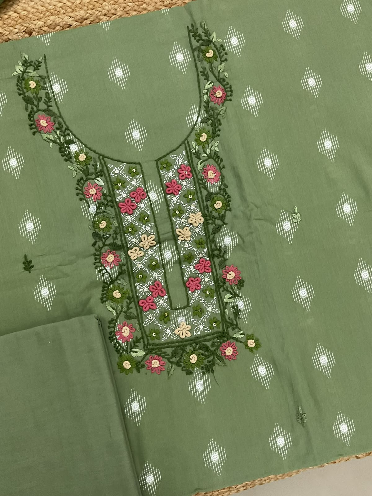 Pure Cotton Printed Embroidered Suit - Green