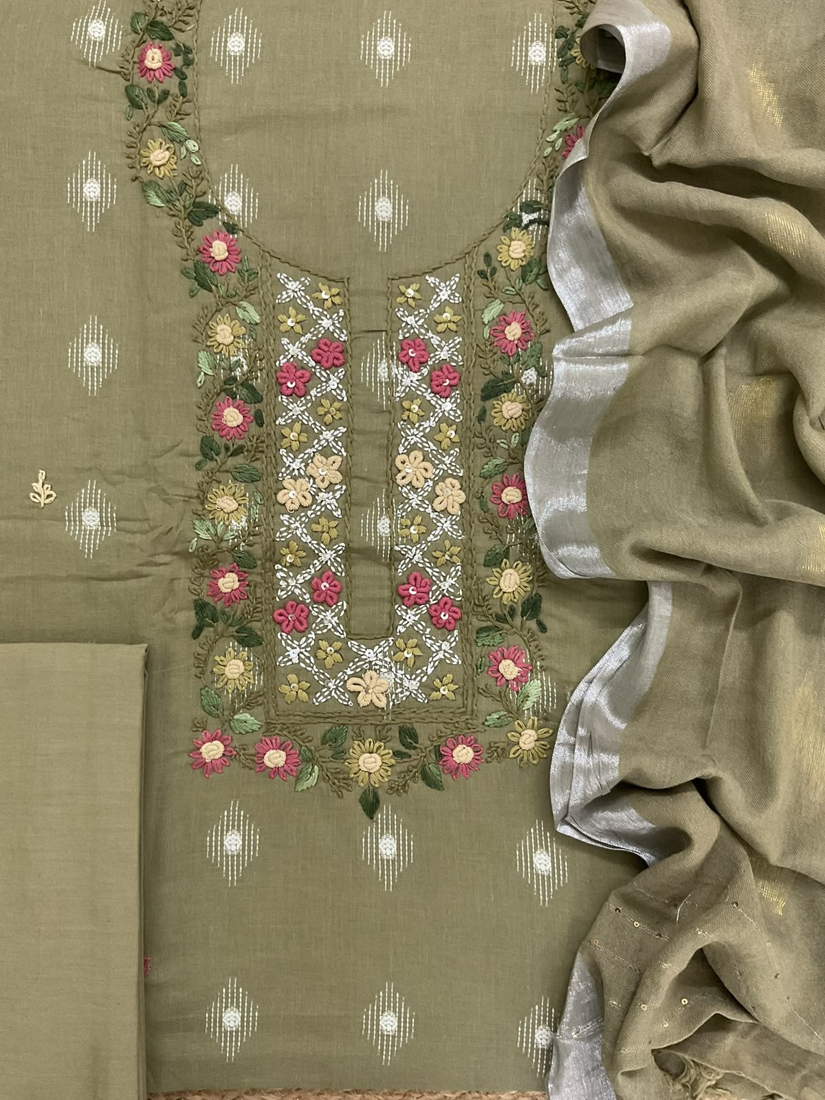 Pure Cotton Printed Embroidered Suit - Beigish Green