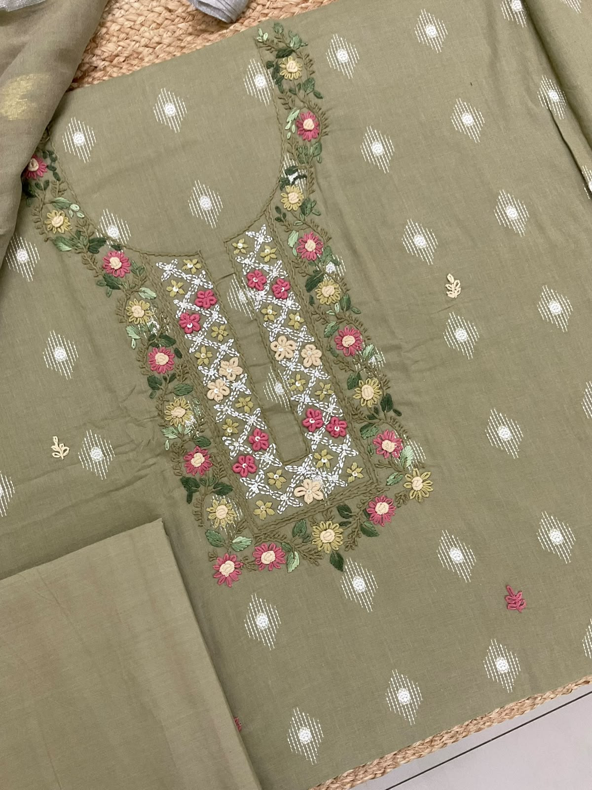 Pure Cotton Printed Embroidered Suit - Beigish Green