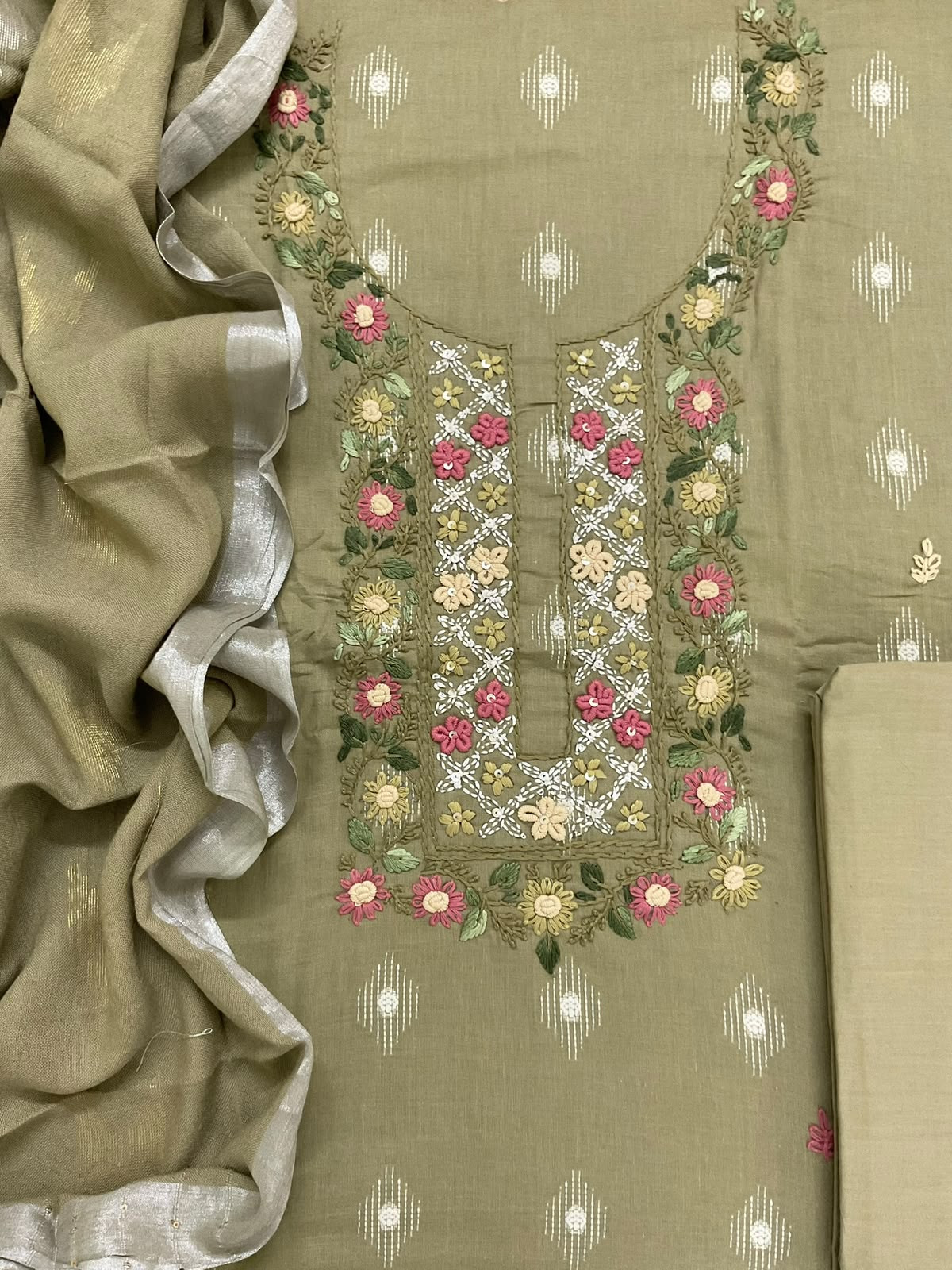 Pure Cotton Printed Embroidered Suit - Beigish Green