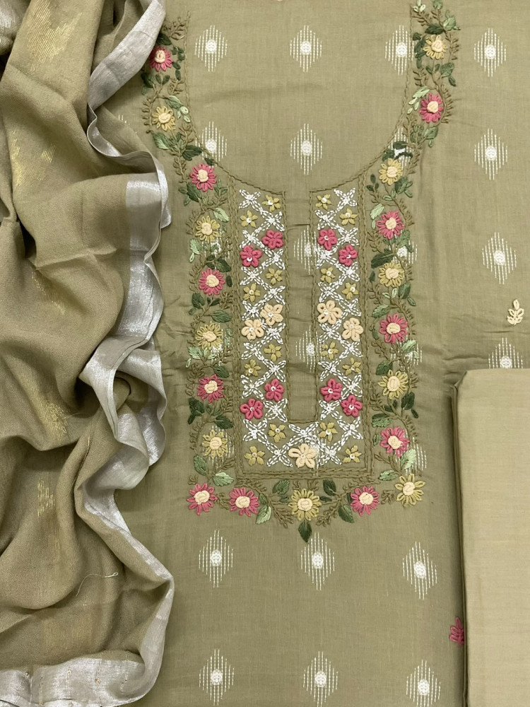Image of Pure Cotton Printed Embroidered Suit - Beigish Green