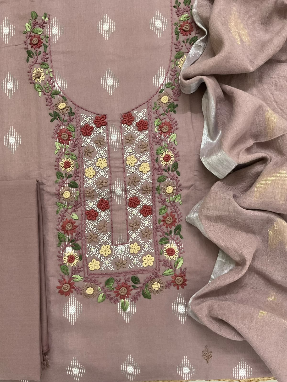 Pure Cotton Printed Embroidered Suit - LIilac Beige