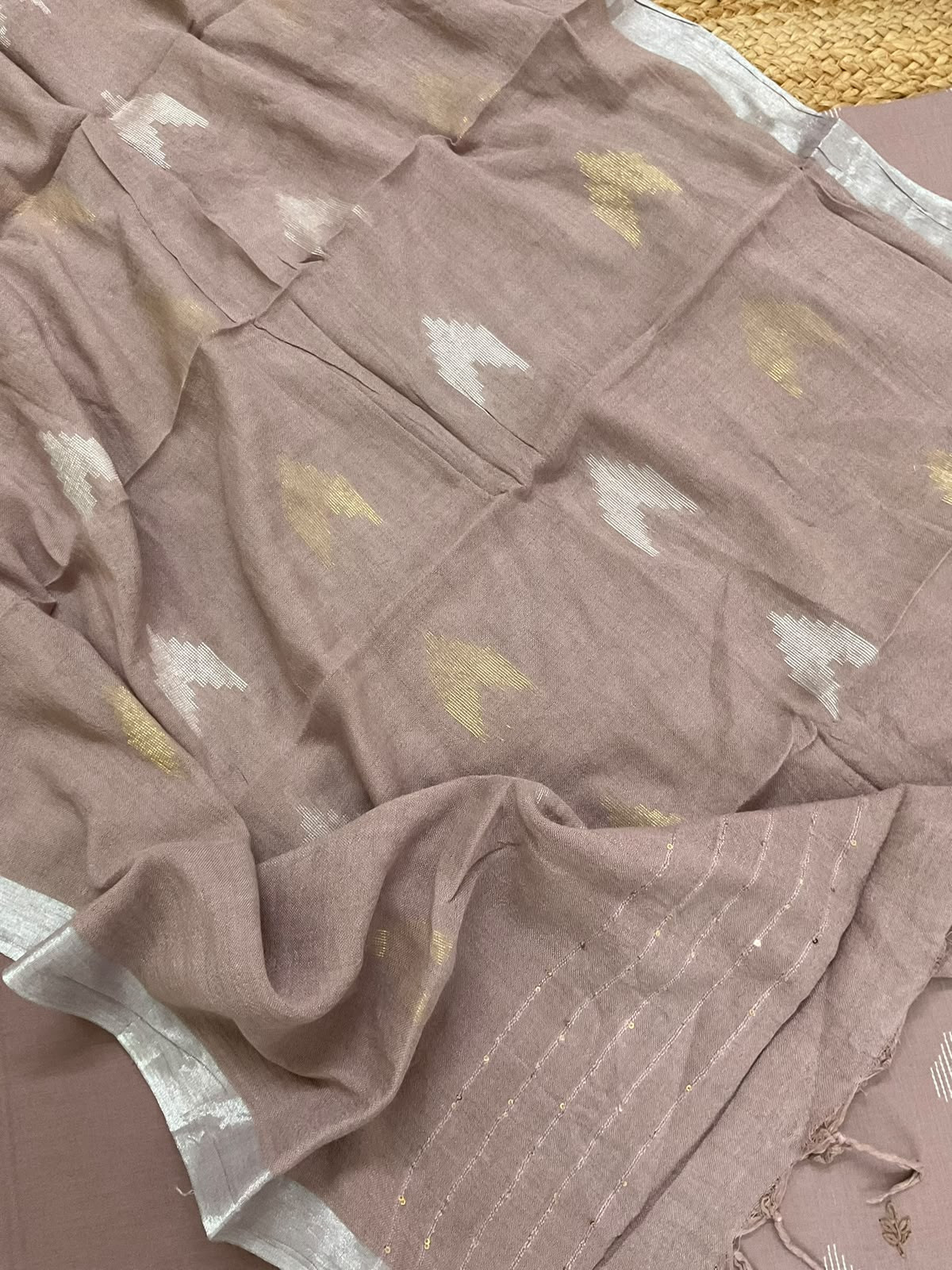 Pure Cotton Printed Embroidered Suit - LIilac Beige