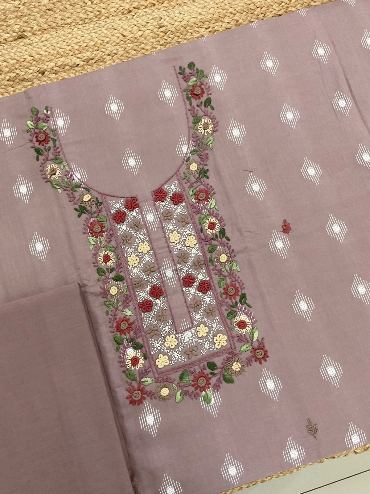 Pure Cotton Printed Embroidered Suit - LIilac Beige