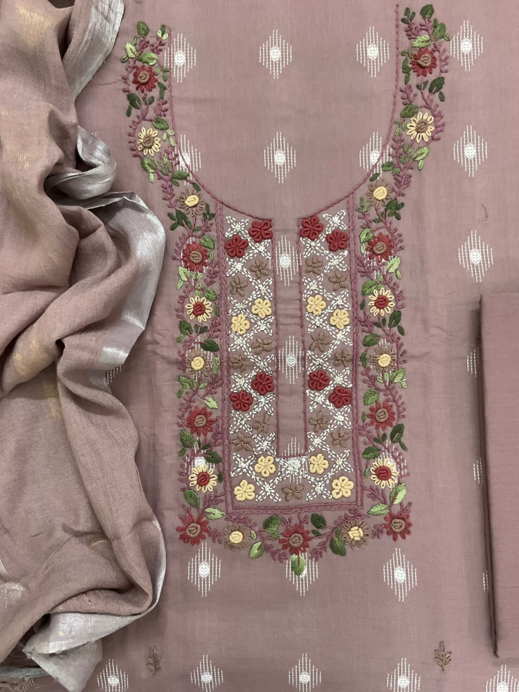 Image of Pure Cotton Printed Embroidered Suit - LIilac Beige