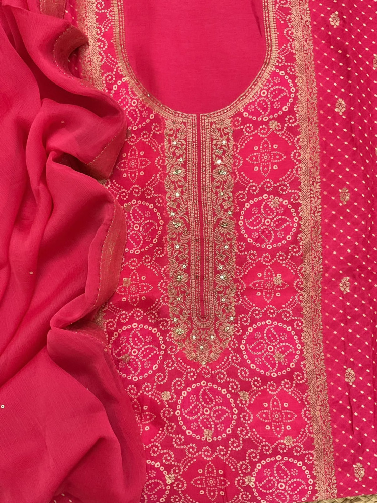 Image of Soft Dola Silk Banarasi Weaved Embroidered Suit - Pink