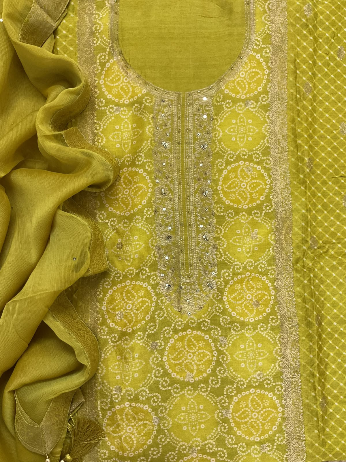Soft Dola Silk Banarasi Weaved Embroidered Suit - Greenish Yellow