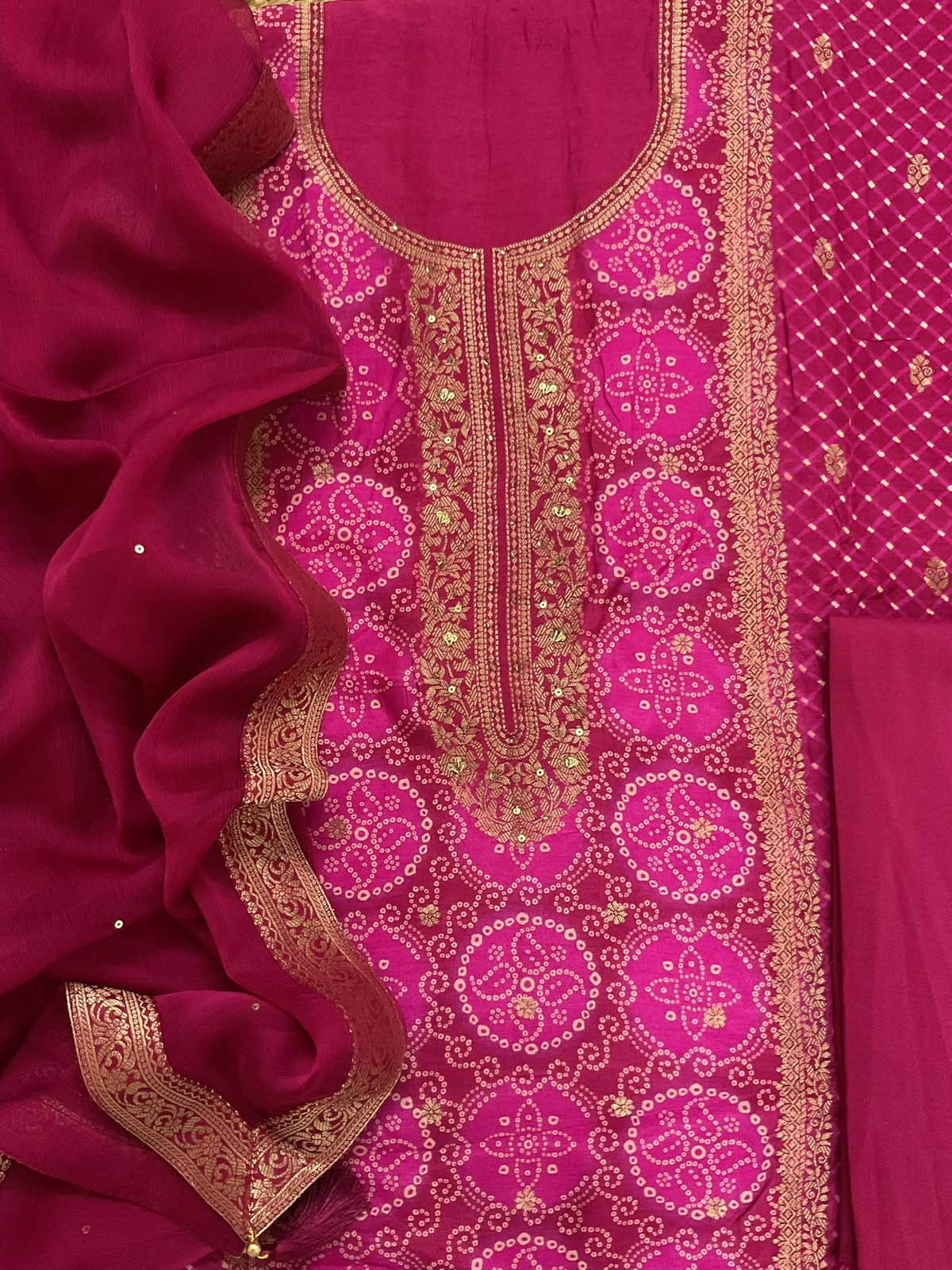Soft Dola Silk Banarasi Weaved Embroidered Suit -Magenta