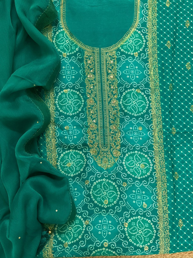 Image of Soft Dola Silk Banarasi Weaved Embroidered Suit -Green