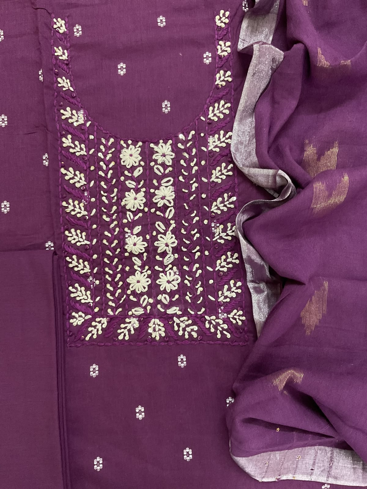 Pure Cotton Printed Embroidered Suit - Violet