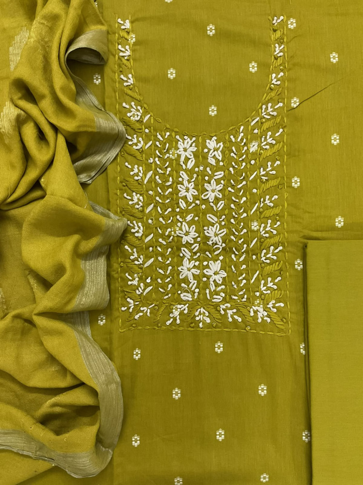 Image of Pure Cotton Printed Embroidered Suit - Green
