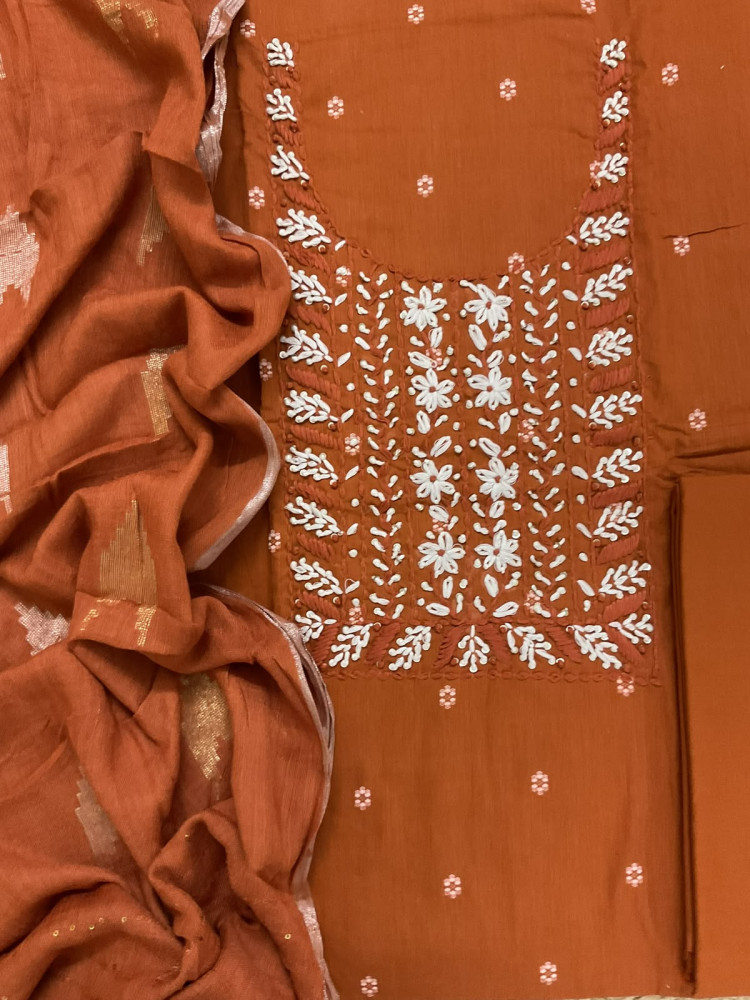Image of Pure Cotton Printed Embroidered Suit - Orange