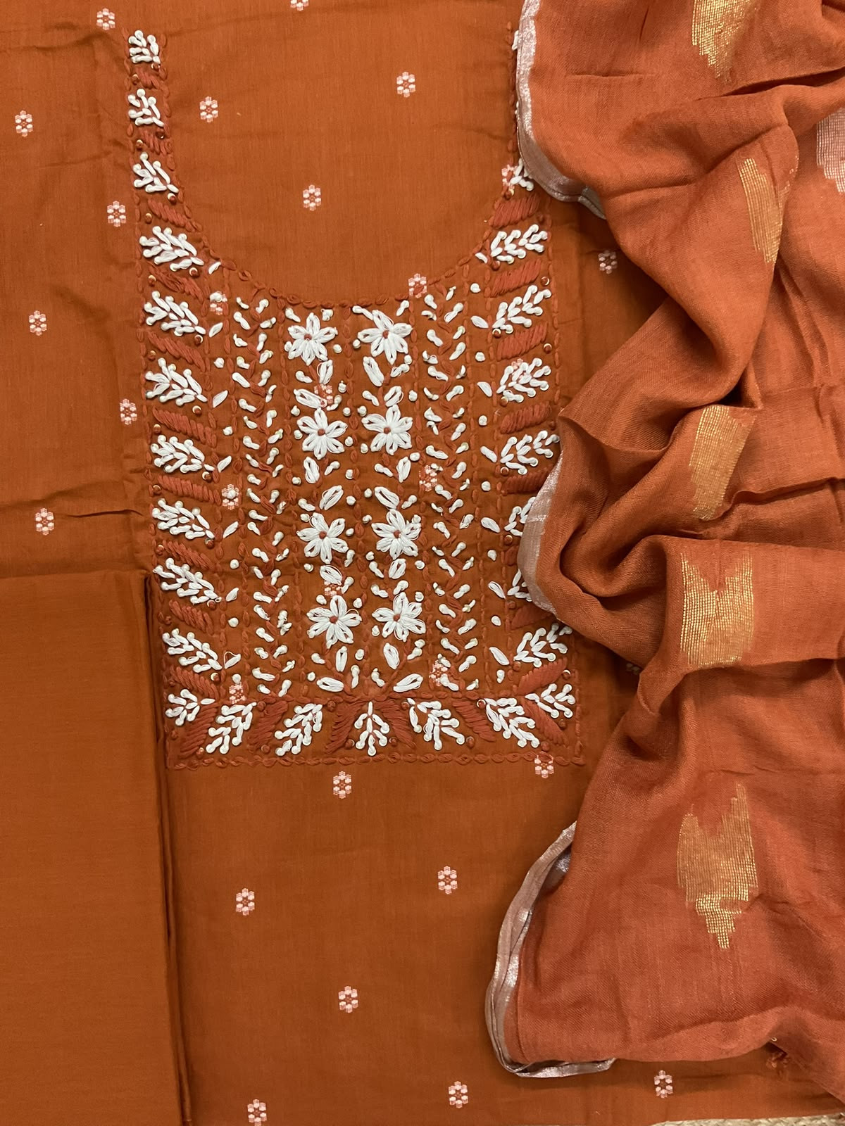 Pure Cotton Printed Embroidered Suit - Orange