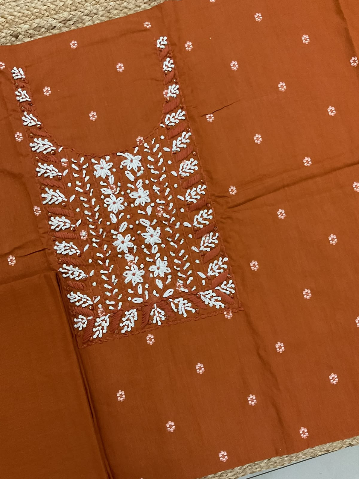 Pure Cotton Printed Embroidered Suit - Orange