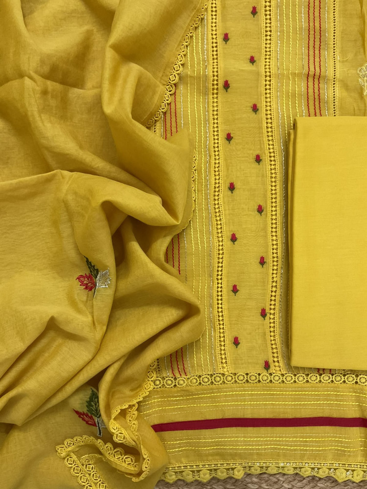 Image of Pure Mul Chanderi Embroidered Suit - Yellow