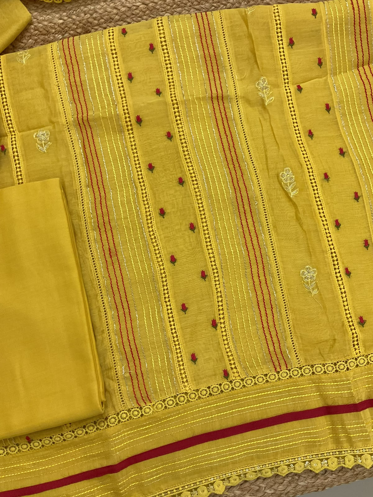Pure Mul Chanderi Embroidered Suit - Yellow