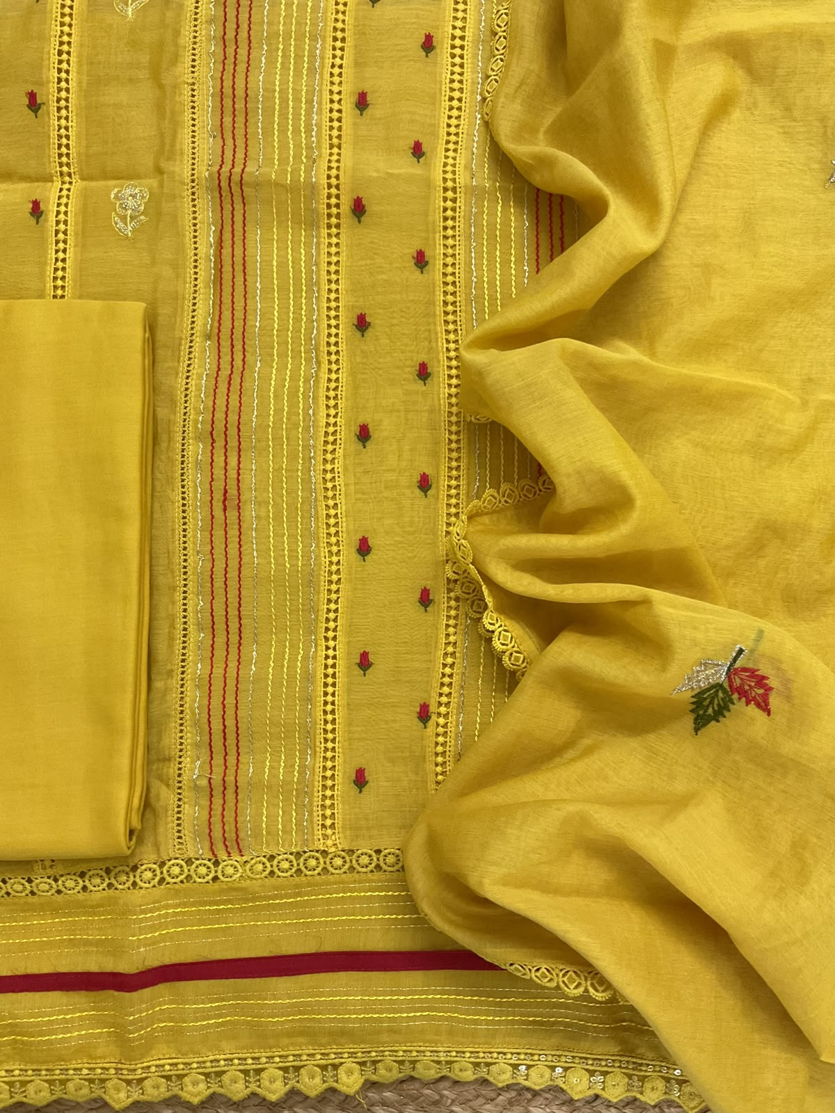Pure Mul Chanderi Embroidered Suit - Yellow
