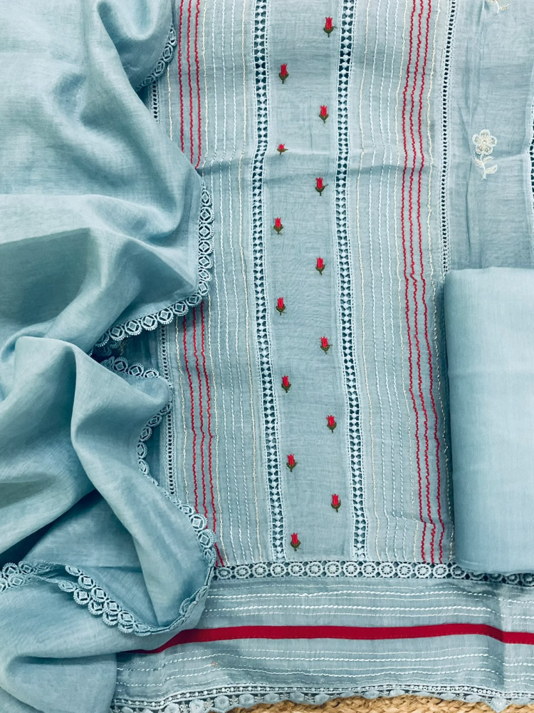 Image of Pure Mul Chanderi Embroidered Suit - Blue