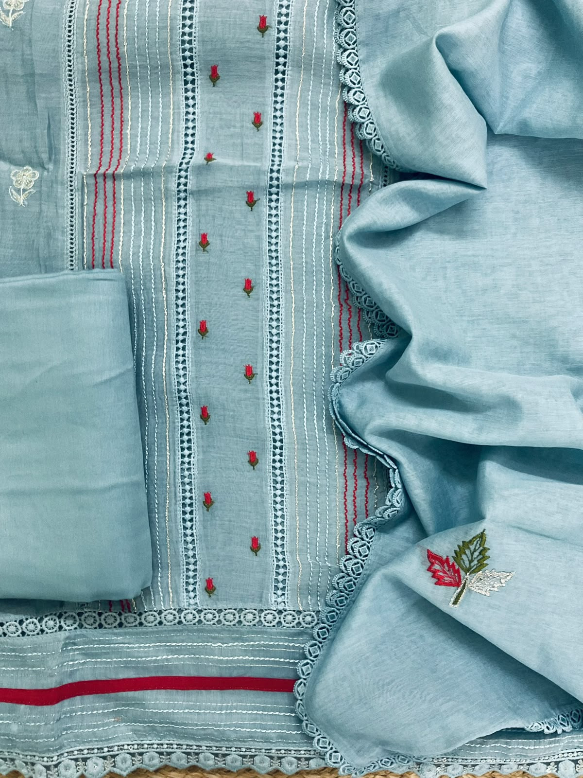 Pure Mul Chanderi Embroidered Suit - Blue