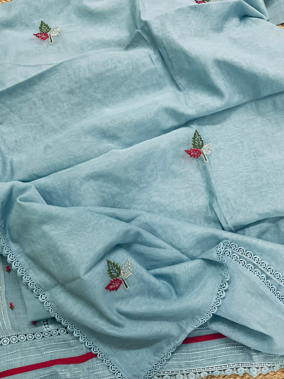 Pure Mul Chanderi Embroidered Suit - Blue
