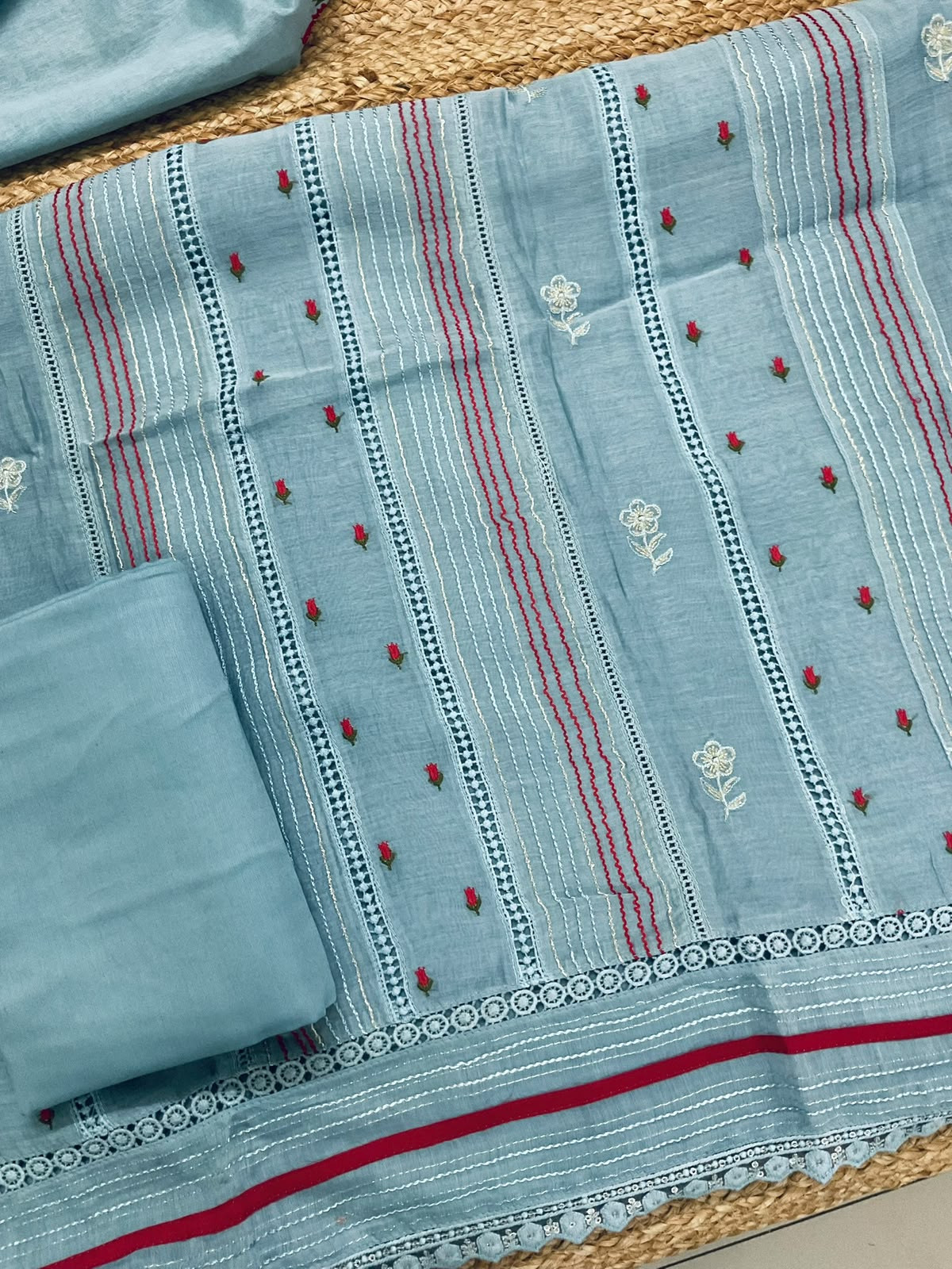 Pure Mul Chanderi Embroidered Suit - Blue