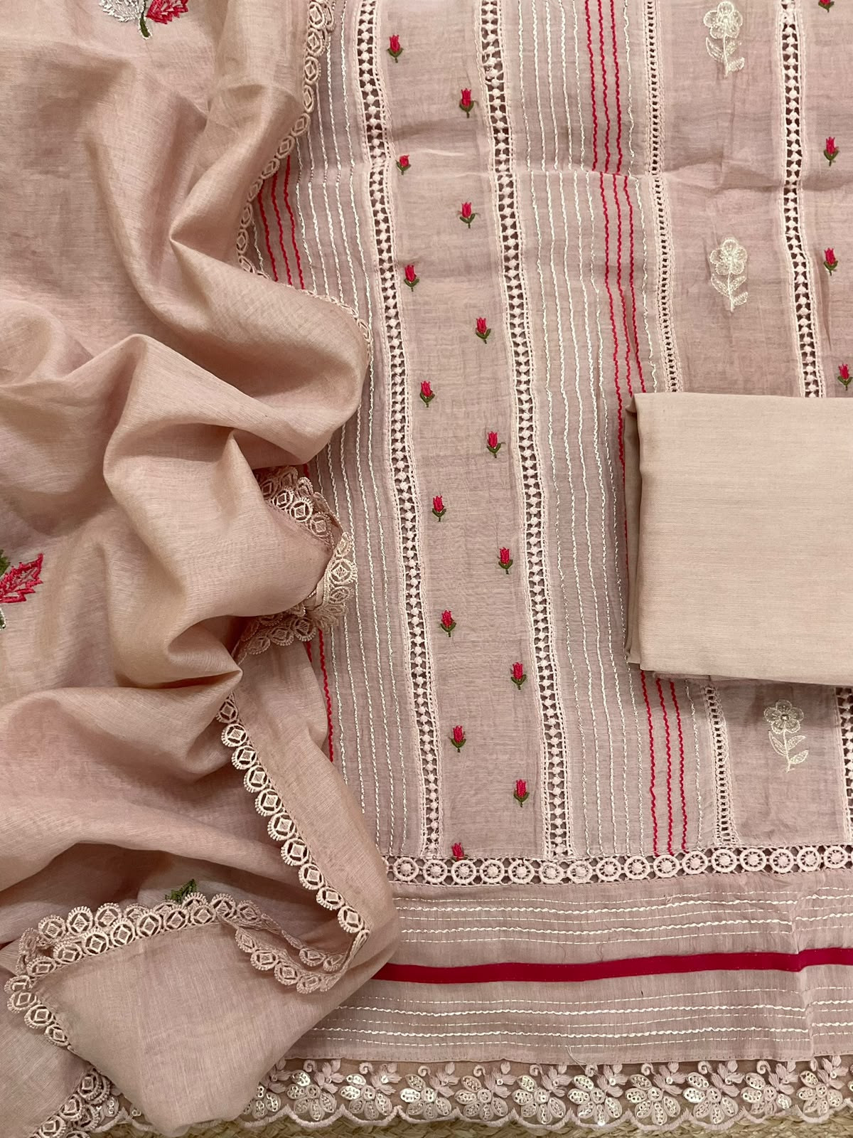 Pure Mul Chanderi Embroidered Suit - Beige