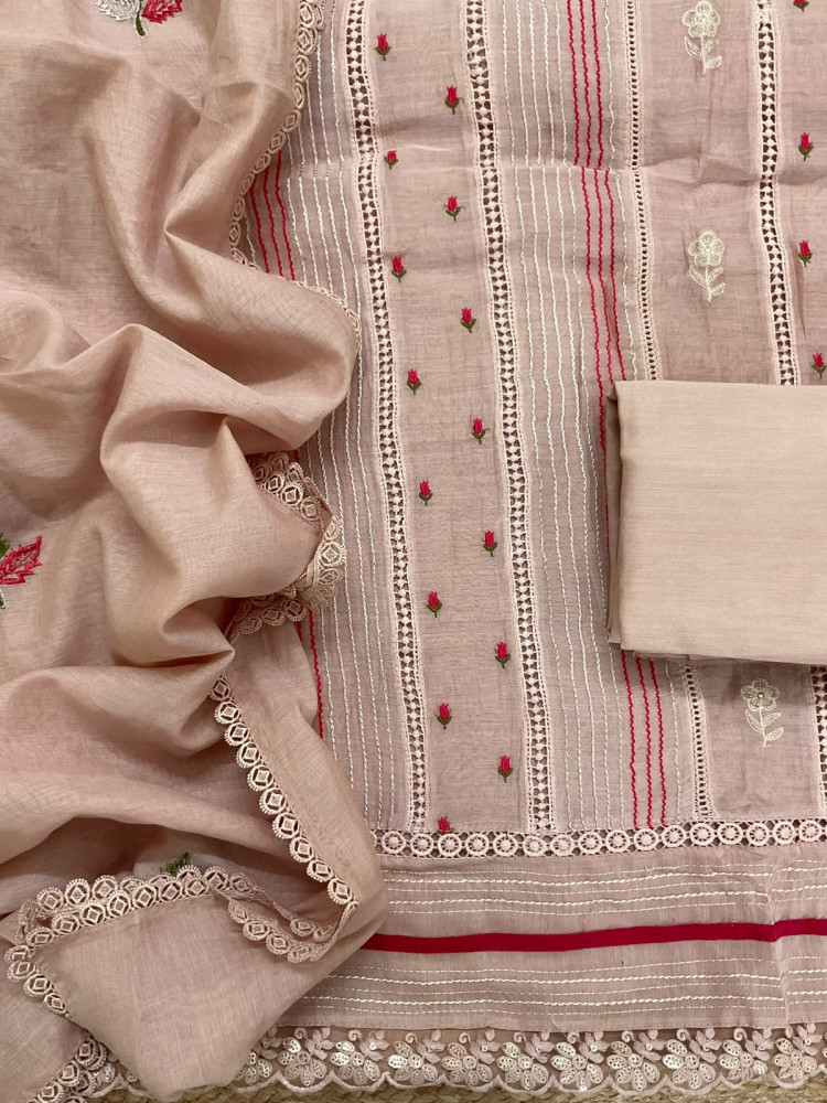 Image of Pure Mul Chanderi Embroidered Suit - Beige