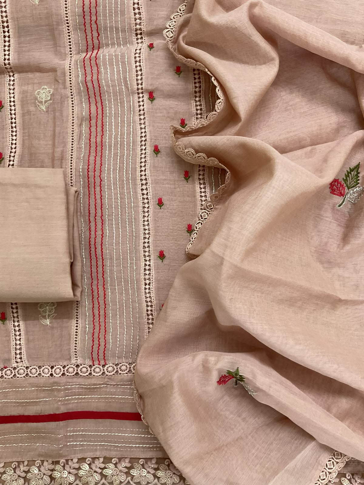 Pure Mul Chanderi Embroidered Suit - Beige