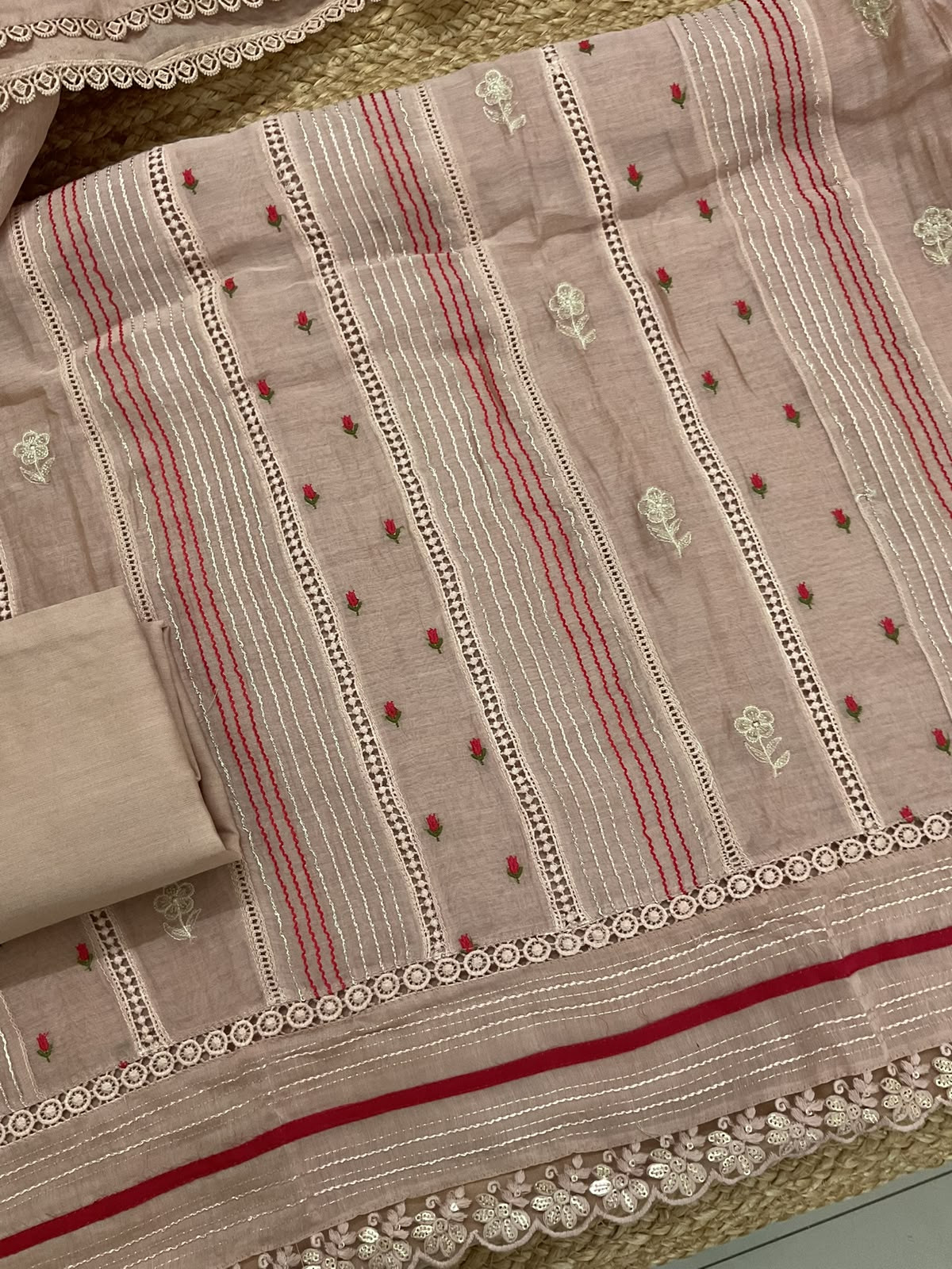 Pure Mul Chanderi Embroidered Suit - Beige