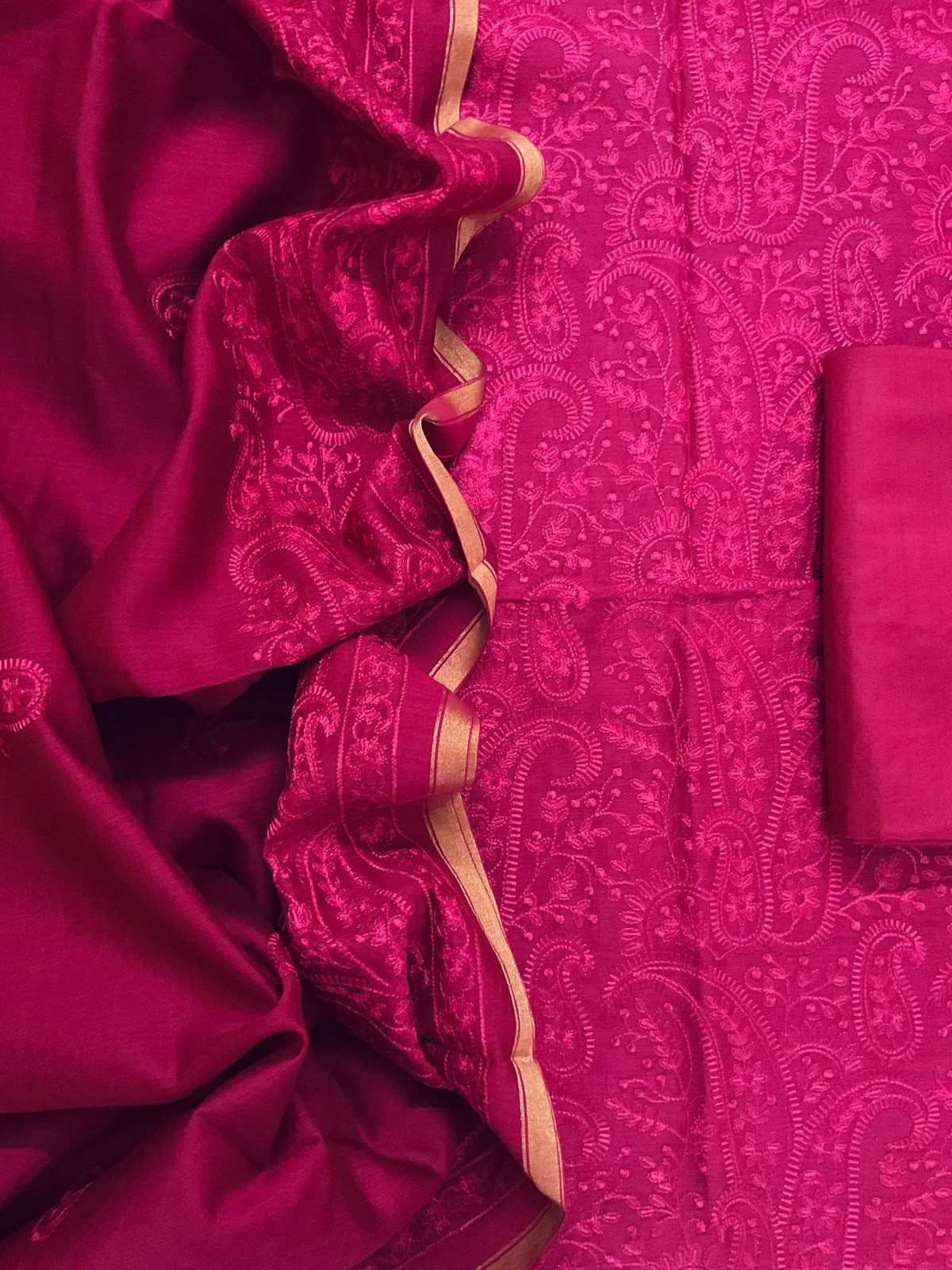 Pure Mul Chanderi Embroidered Suit - Dark Pink