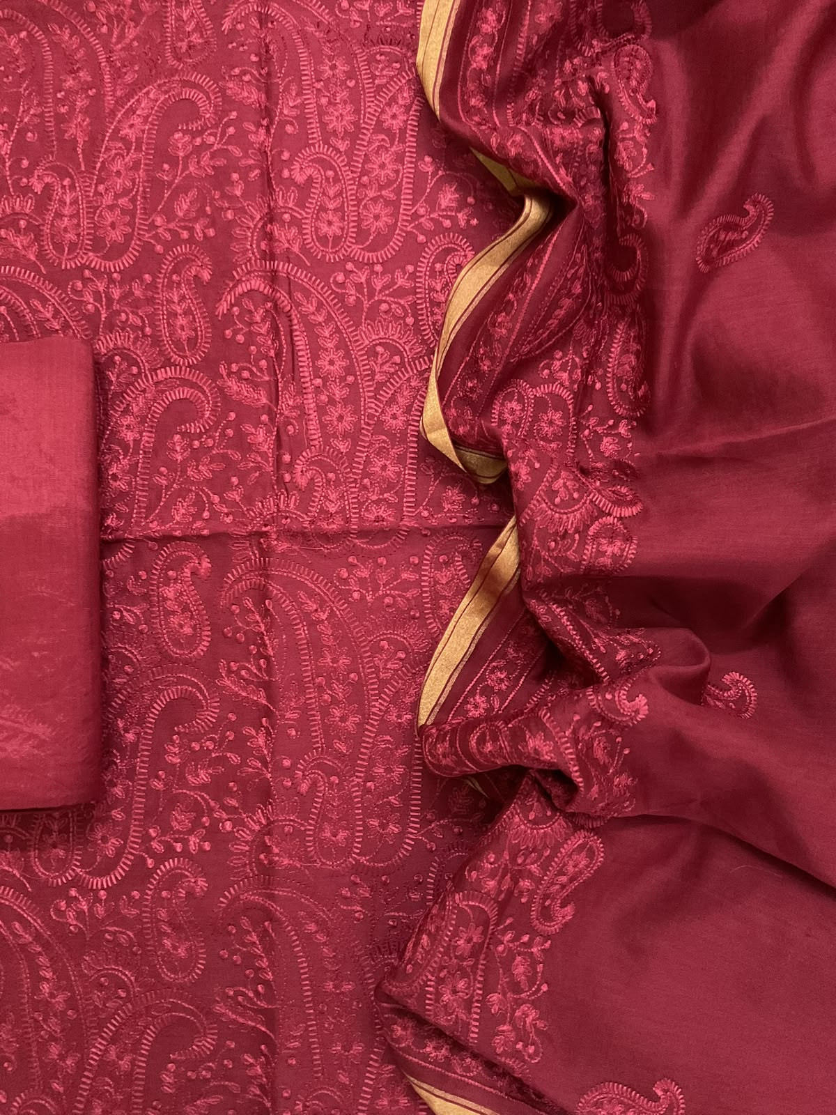 Pure Mul Chanderi Embroidered Suit - Dark Maroon