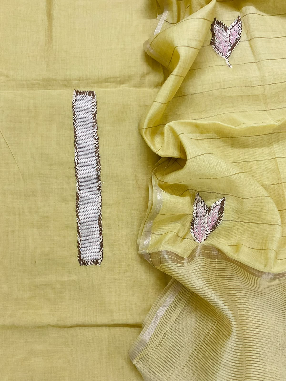 Soft Kora Chanderi Banarasi Weaved Embroidered Suit - Yellow