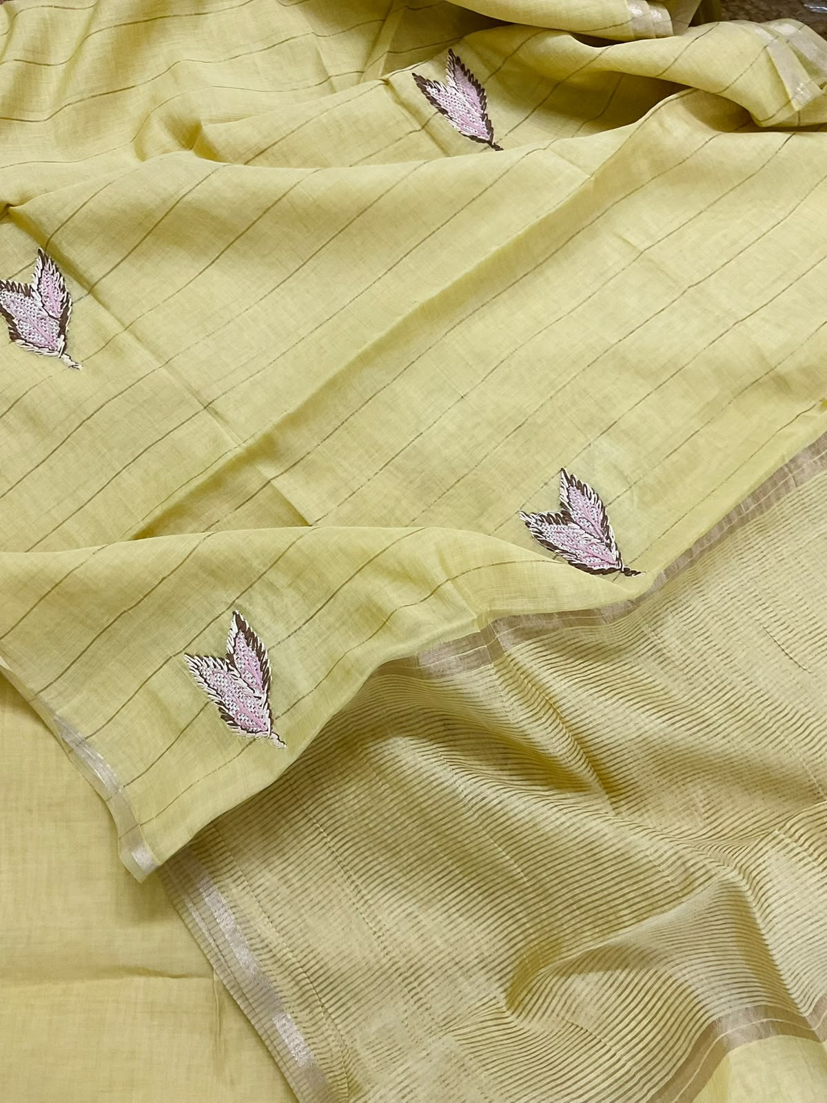 Soft Kora Chanderi Banarasi Weaved Embroidered Suit - Yellow