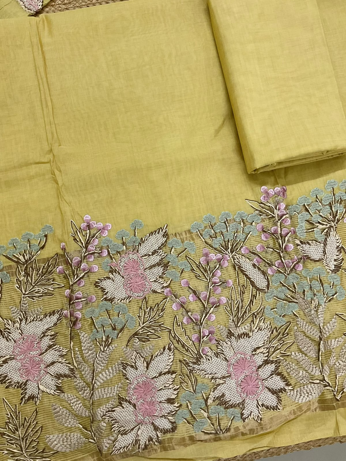 Soft Kora Chanderi Banarasi Weaved Embroidered Suit - Yellow
