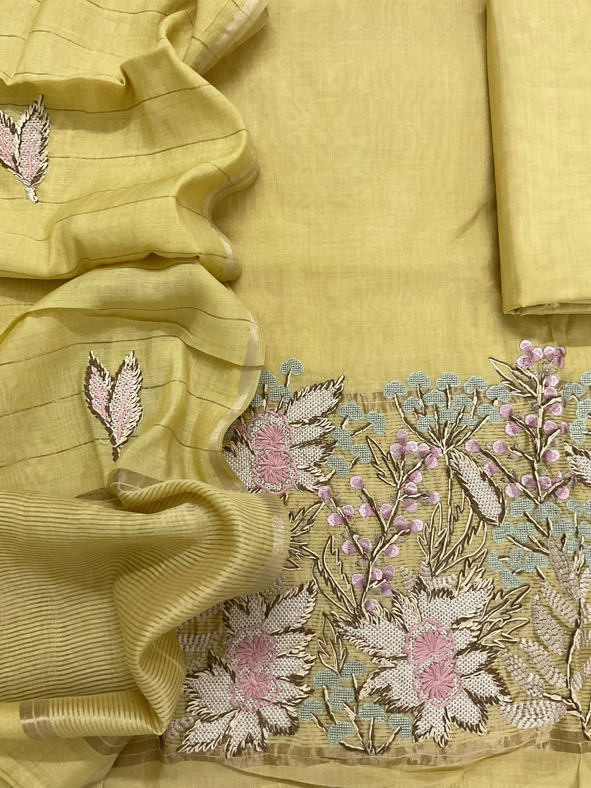 Soft Kora Chanderi Banarasi Weaved Embroidered Suit - Yellow