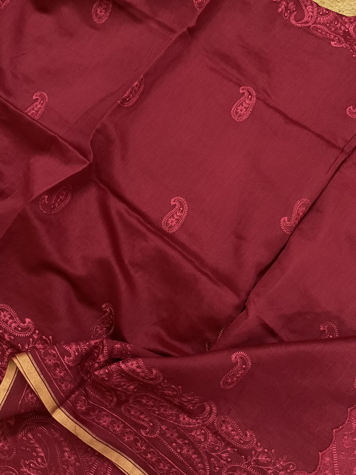 Pure Mul Chanderi Embroidered Suit - Dark Maroon