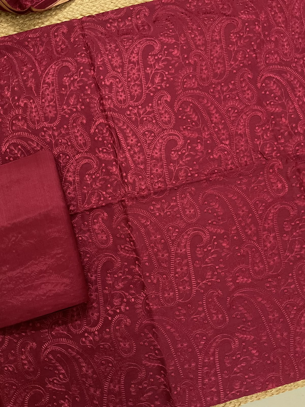 Pure Mul Chanderi Embroidered Suit - Dark Maroon