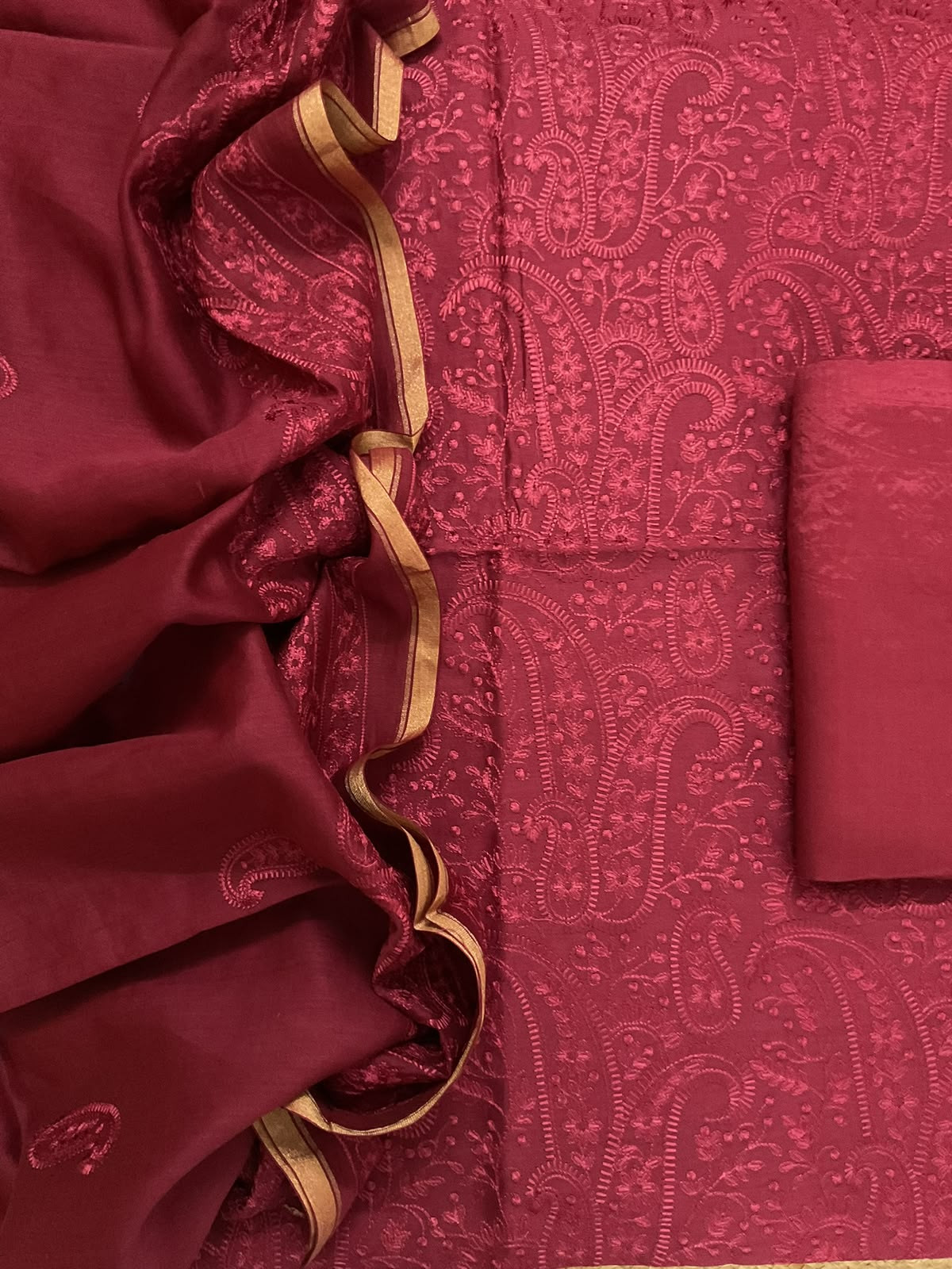Pure Mul Chanderi Embroidered Suit - Dark Maroon