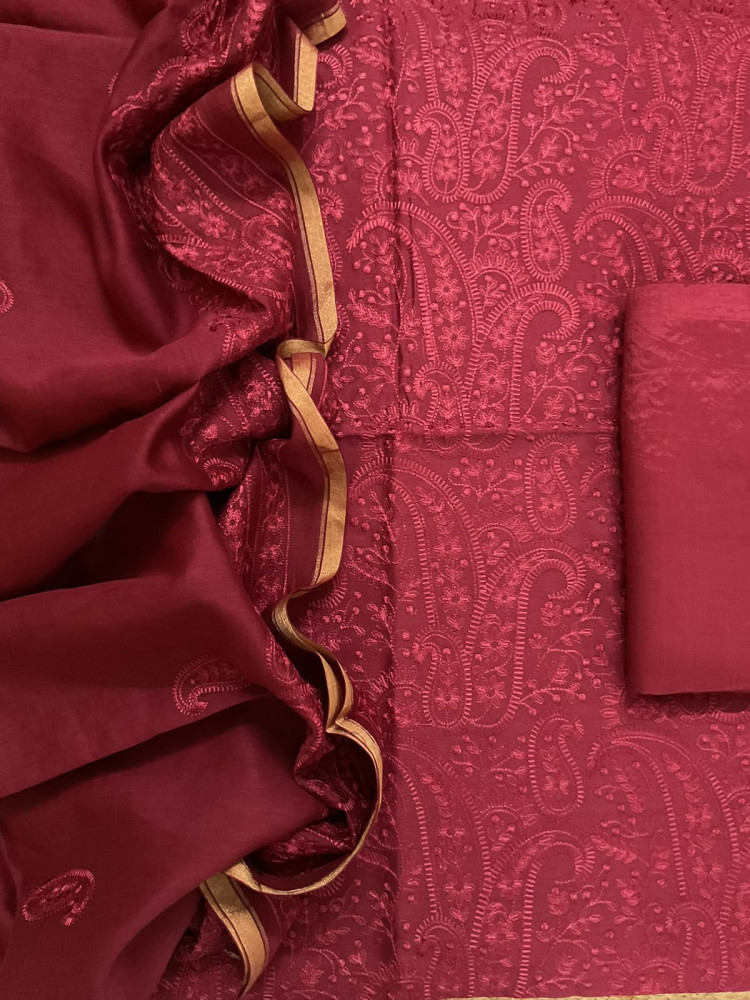 Image of Pure Mul Chanderi Embroidered Suit - Dark Maroon