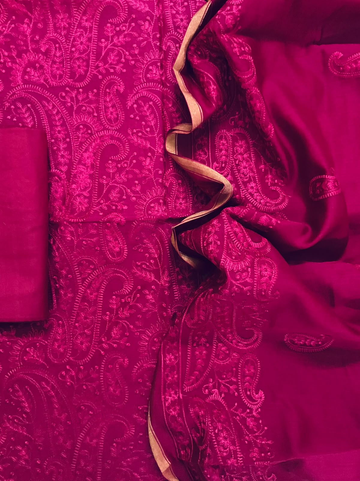 Pure Mul Chanderi Embroidered Suit - Dark Pink