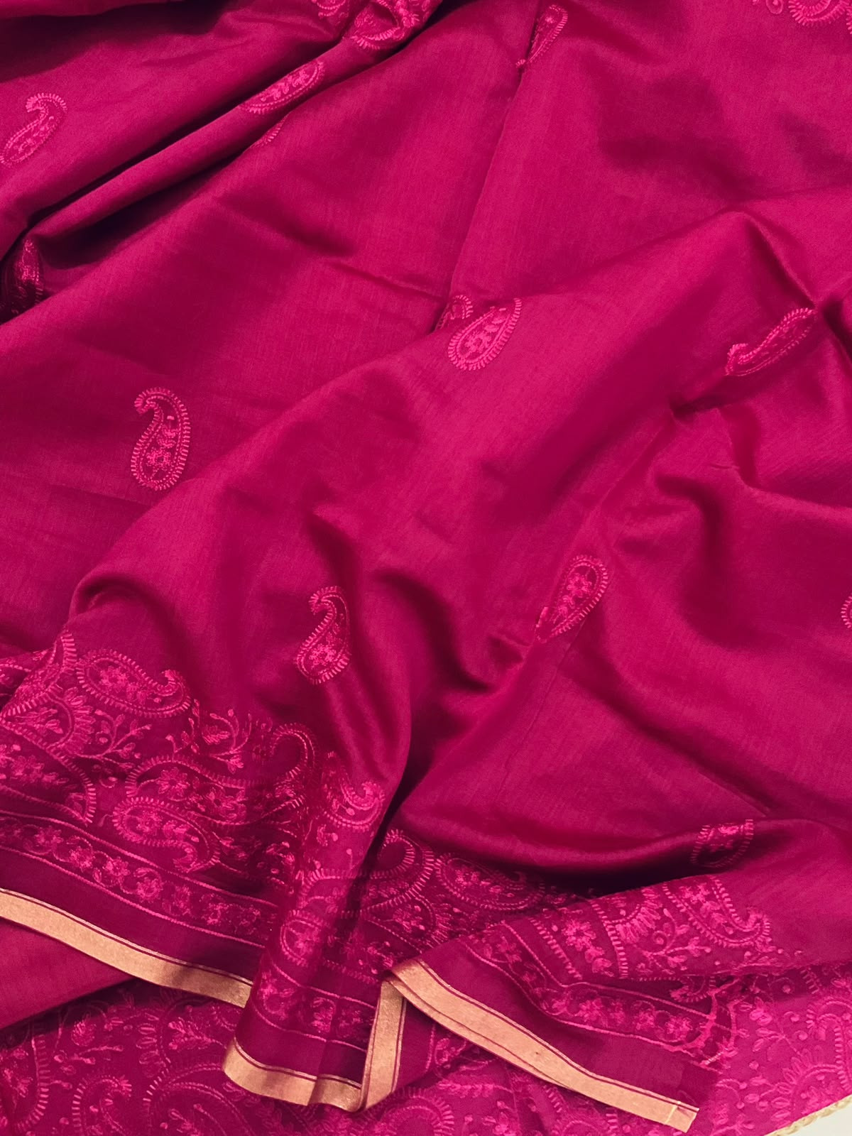 Pure Mul Chanderi Embroidered Suit - Dark Pink