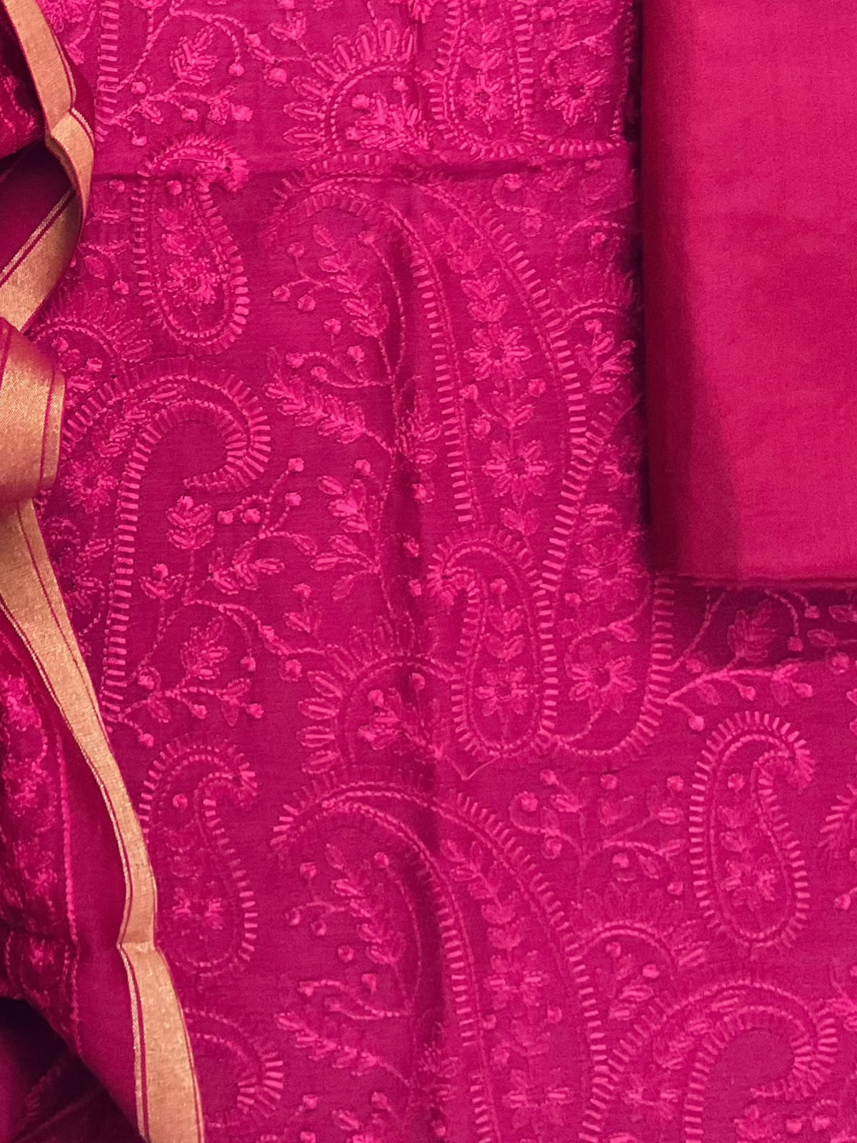 Pure Mul Chanderi Embroidered Suit - Dark Pink