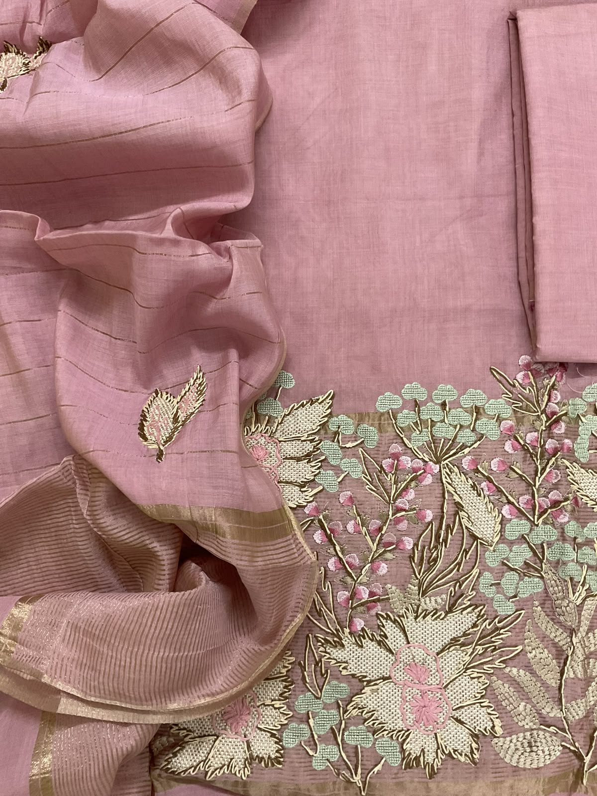 Soft Kora Chanderi Banarasi Weaved Embroidered Suit - Lilac Pink